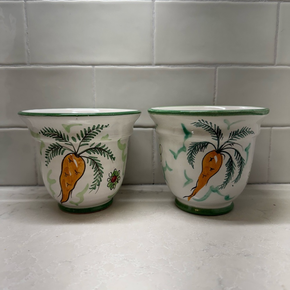 Pair of Italian Hand-Painted Planters with colorful vegetables design.